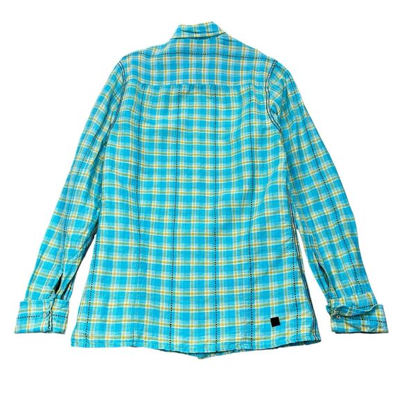 DDC Lab Button Down Shirt Mens Medium Internal Pocket Plaid Blue Mustard White - Picture 9 of 13